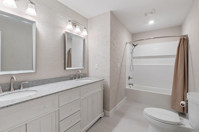 15364 Twin Pines Rd, Lowell, AR 72745 - bathroom with toilet, a textured wall, shower / bathtub combination, double vanity, and tile patterned floors