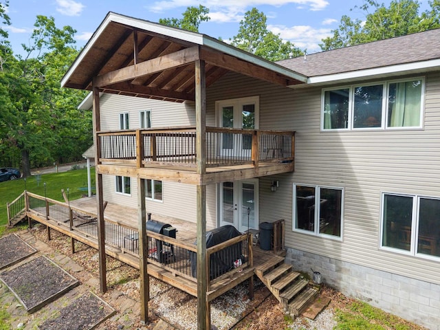 15364 Twin Pines Rd, Lowell, AR 72745 - back of property featuring french doors, a wooden deck, and roof with shingles