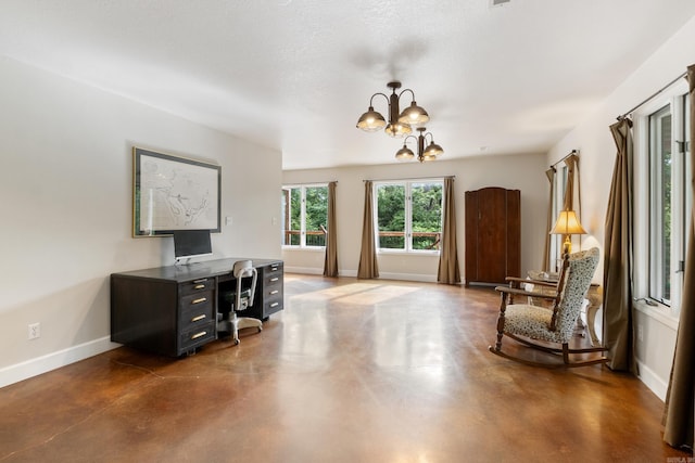 15364 Twin Pines Rd, Lowell, AR 72745 - home office featuring concrete flooring, a chandelier, and baseboards