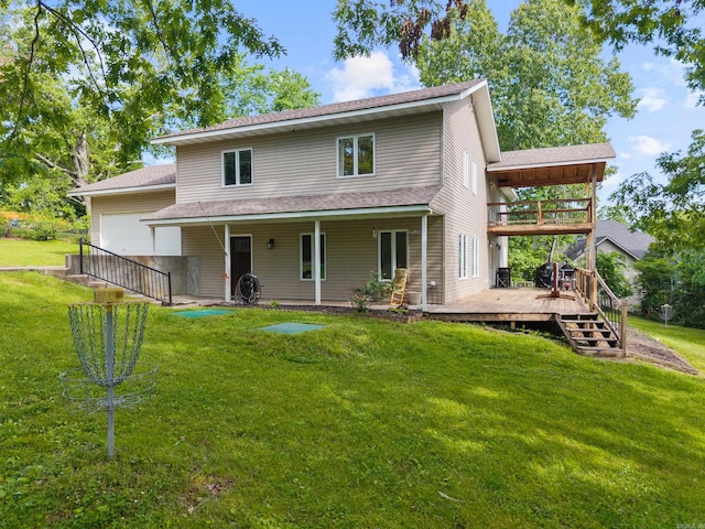 15364 Twin Pines Rd, Lowell, AR 72745 - back of house featuring a garage, a lawn, a deck, and roof with shingles
