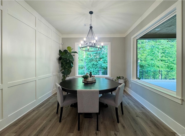 816 Nature Way, Benton, AR 72019 - dining room with a chandelier, dark wood-style floors, baseboards, and crown molding