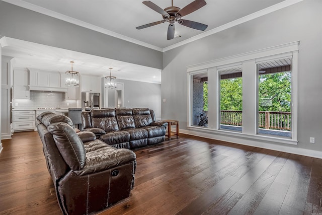 20 Caurel Ct, Little Rock, AR 72223 - living room featuring a ceiling fan, dark wood-style flooring, a chandelier, ornamental molding, and baseboards