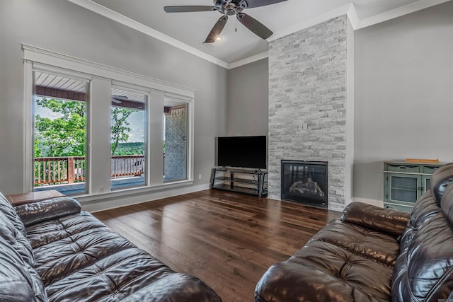 20 Caurel Ct, Little Rock, AR 72223 - living room with ornamental molding, a ceiling fan, wood finished floors, and a stone fireplace