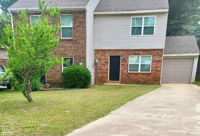 1302-1304 Santa Fe, Jonesboro, AR 72401 - view of front facade featuring brick siding, a garage, driveway, a front yard, and a shingled roof