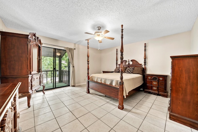 2325 Lakeshore Unit E-4, Hot Springs, AR 71913 - bedroom with access to exterior, a textured ceiling, light tile patterned floors, and ceiling fan