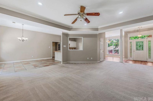 1010 Claycut Cir, North Little Rock, AR 72116 - unfurnished living room with crown molding, a chandelier, ceiling fan, baseboards, and light colored carpet