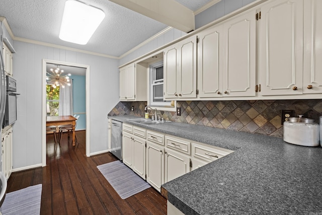 42 Desoto Cir, North Little Rock, AR 72116 - kitchen featuring a sink, dishwasher, ornamental molding, dark wood finished floors, and tasteful backsplash