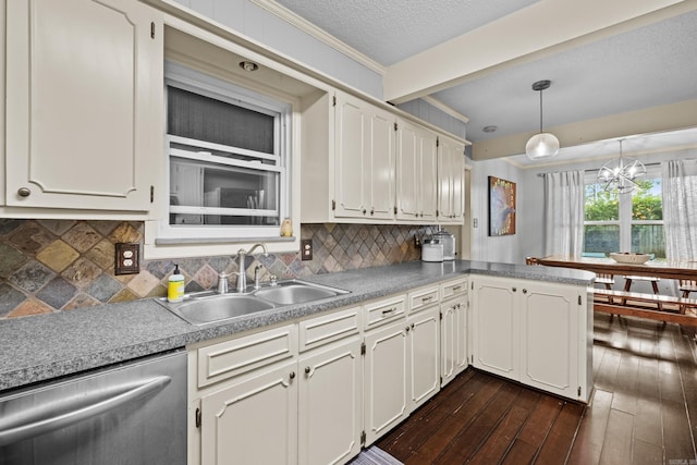 42 Desoto Cir, North Little Rock, AR 72116 - kitchen with dishwasher, a sink, dark wood-type flooring, ornamental molding, and decorative backsplash