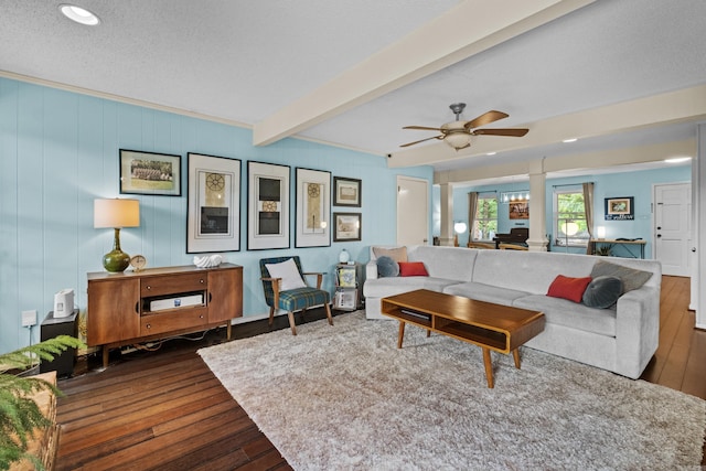 42 Desoto Cir, North Little Rock, AR 72116 - living room with hardwood / wood-style flooring, ceiling fan, beamed ceiling, decorative columns, and recessed lighting