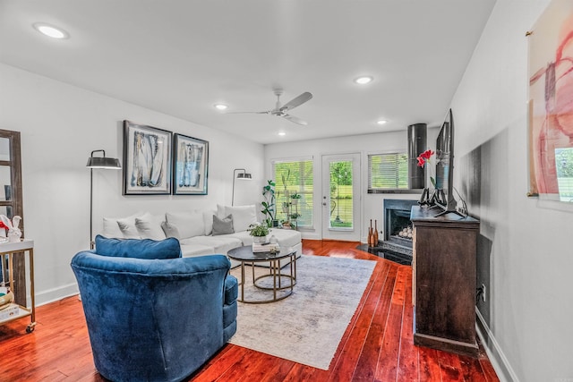 2510 Riverfront # 2, Little Rock, AR 72202 - living area with hardwood / wood-style flooring, a ceiling fan, a fireplace with flush hearth, recessed lighting, and baseboards