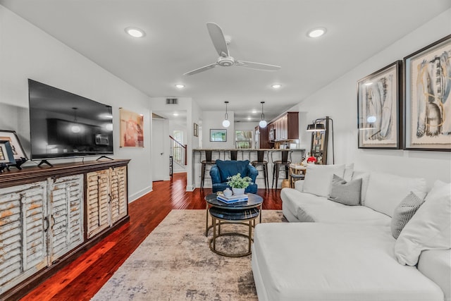 2510 Riverfront # 2, Little Rock, AR 72202 - living room with a ceiling fan, recessed lighting, dark wood finished floors, and baseboards