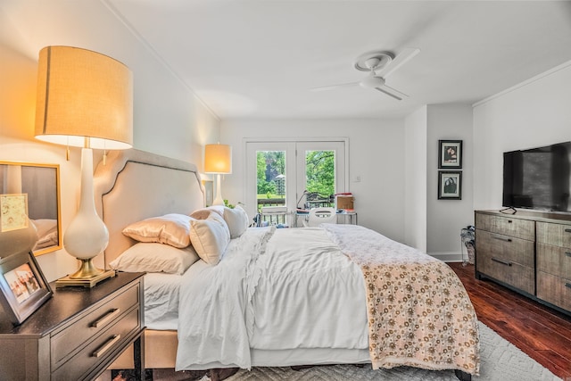 2510 Riverfront # 2, Little Rock, AR 72202 - bedroom with access to outside, crown molding, dark wood-style floors, and a ceiling fan