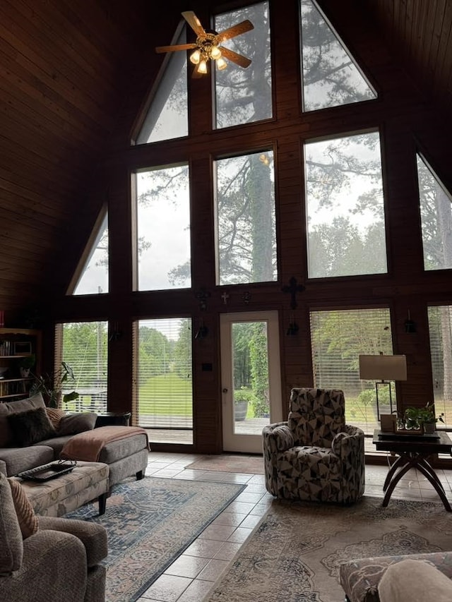 5490 Greene 628 Rd, Paragould, AR 72450 - living area with high vaulted ceiling, healthy amount of natural light, wooden ceiling, and ceiling fan