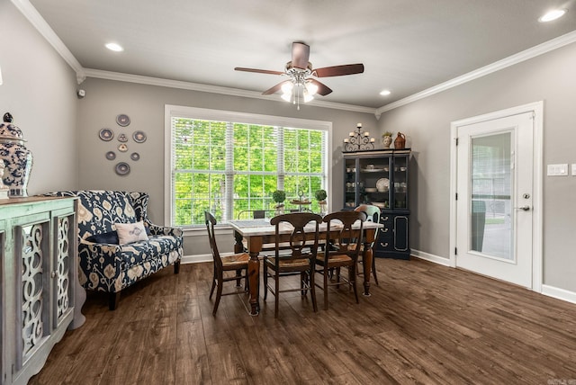 216 Lake Valley Dr, Maumelle, AR 72113 - dining room with ornamental molding, dark wood finished floors, baseboards, ceiling fan, and recessed lighting
