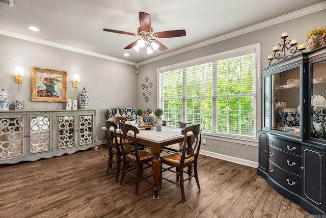 216 Lake Valley Dr, Maumelle, AR 72113 - dining space featuring baseboards, a ceiling fan, wood finished floors, crown molding, and recessed lighting