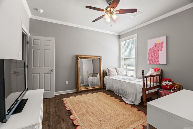216 Lake Valley Dr, Maumelle, AR 72113 - bedroom featuring crown molding, dark wood finished floors, baseboards, and ceiling fan