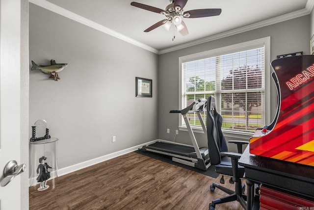 216 Lake Valley Dr, Maumelle, AR 72113 - office featuring wood finished floors, ornamental molding, baseboards, and a ceiling fan