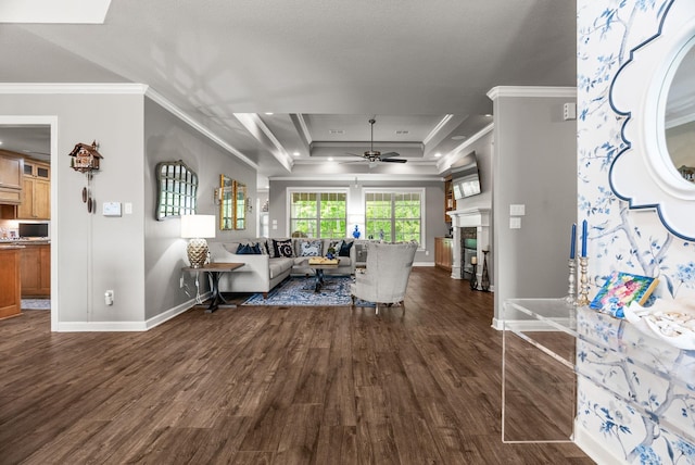 216 Lake Valley Dr, Maumelle, AR 72113 - living area featuring a tray ceiling, dark wood finished floors, a ceiling fan, crown molding, and baseboards