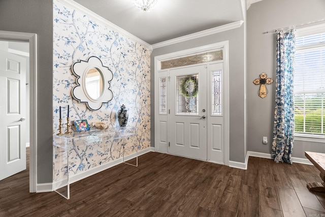 216 Lake Valley Dr, Maumelle, AR 72113 - entryway featuring ornamental molding, dark wood-style floors, and baseboards