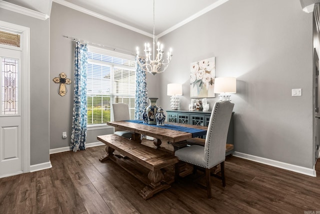 216 Lake Valley Dr, Maumelle, AR 72113 - dining area featuring ornamental molding, a chandelier, wood finished floors, and baseboards