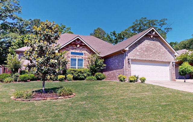 craftsman-style home featuring brick siding, an attached garage, a front lawn, concrete driveway, and roof with shingles