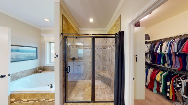 bathroom featuring a garden tub, a stall shower, a walk in closet, crown molding, and recessed lighting