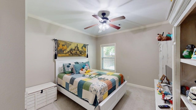 bedroom with light carpet, crown molding, a ceiling fan, and baseboards