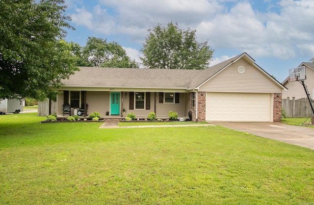 single story home with covered porch, a garage, concrete driveway, and brick siding