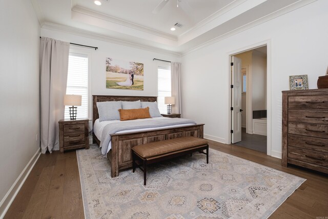 7021 Fields Dr, Alexander, AR 72019 - bedroom featuring hardwood / wood-style flooring, ornamental molding, a raised ceiling, baseboards, and recessed lighting
