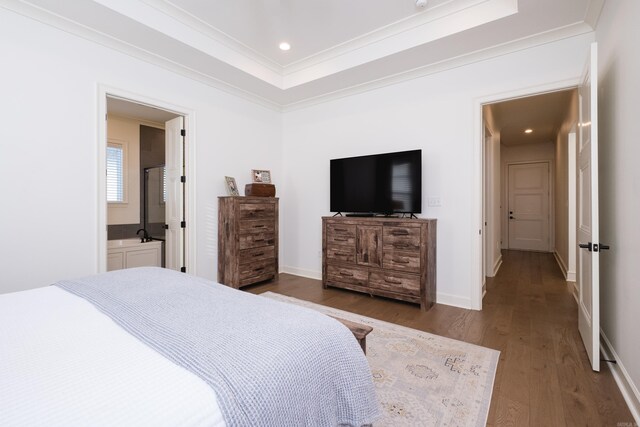 7021 Fields Dr, Alexander, AR 72019 - bedroom featuring wood finished floors, crown molding, recessed lighting, connected bathroom, and baseboards