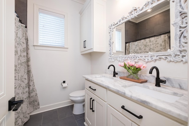 7021 Fields Dr, Alexander, AR 72019 - bathroom with toilet, double vanity, tile patterned flooring, curtained shower, and baseboards