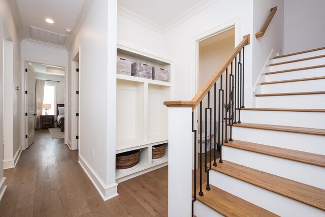 7021 Fields Dr, Alexander, AR 72019 - mudroom featuring wood finished floors, baseboards, ornamental molding, and recessed lighting
