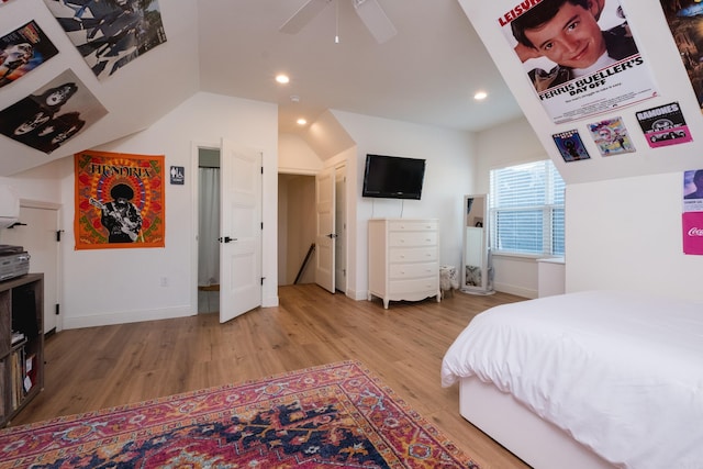 7021 Fields Dr, Alexander, AR 72019 - bedroom featuring light wood-style flooring, recessed lighting, baseboards, ceiling fan, and lofted ceiling