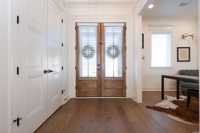 7021 Fields Dr, Alexander, AR 72019 - entrance foyer featuring baseboards, french doors, dark wood-style flooring, healthy amount of natural light, and ornamental molding