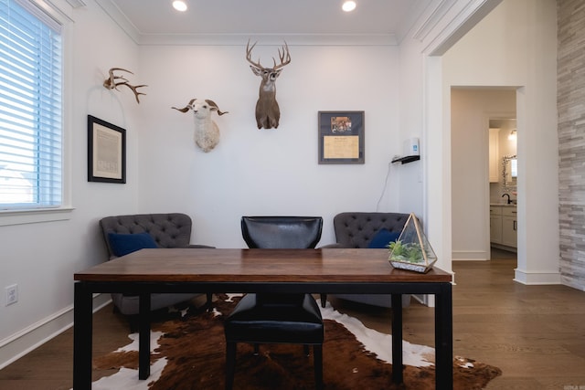 7021 Fields Dr, Alexander, AR 72019 - office area featuring wood finished floors, baseboards, ornamental molding, recessed lighting, and a sink
