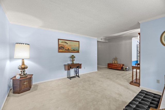 9 Leeward Ct, Maumelle, AR 72113 - living area featuring carpet flooring, crown molding, a textured ceiling, and baseboards