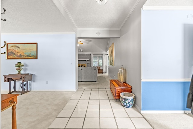 9 Leeward Ct, Maumelle, AR 72113 - hall featuring light carpet, a textured ceiling, crown molding, and baseboards