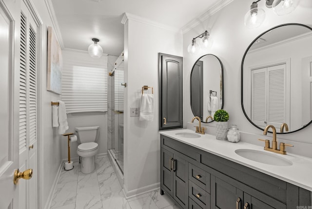 9 Leeward Ct, Maumelle, AR 72113 - full bath featuring a closet, toilet, baseboards, marble look tiles, and ornamental molding