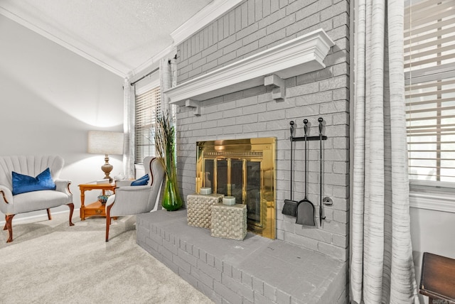 9 Leeward Ct, Maumelle, AR 72113 - sitting room featuring ornamental molding, a fireplace, carpet, plenty of natural light, and baseboards
