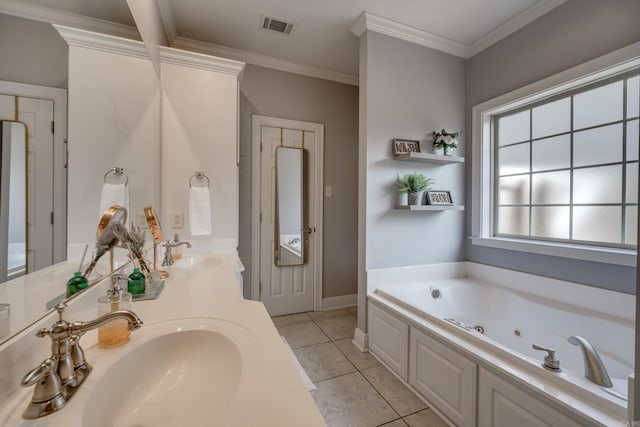 4715 Stockton Rd, Conway, AR 72034 - bathroom featuring a whirlpool tub, crown molding, tile patterned floors, and double vanity