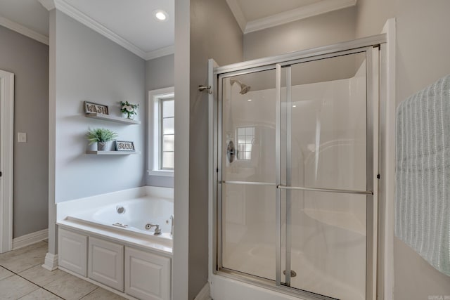 4715 Stockton Rd, Conway, AR 72034 - bathroom with a shower stall, crown molding, and a whirlpool tub