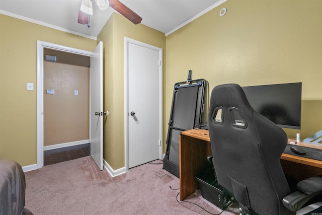 1217 Look St, Little Rock, AR 72204 - office featuring crown molding, baseboards, carpet, and a ceiling fan