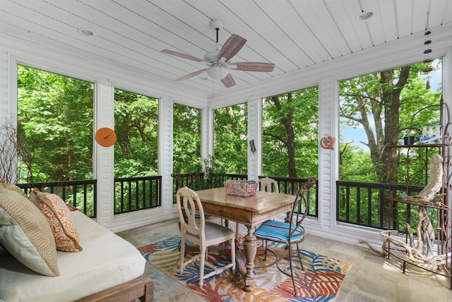 7 Galope Pl, Hot Springs Village, AR 71909 - sunroom featuring a ceiling fan, outdoor dining space, and wooden ceiling