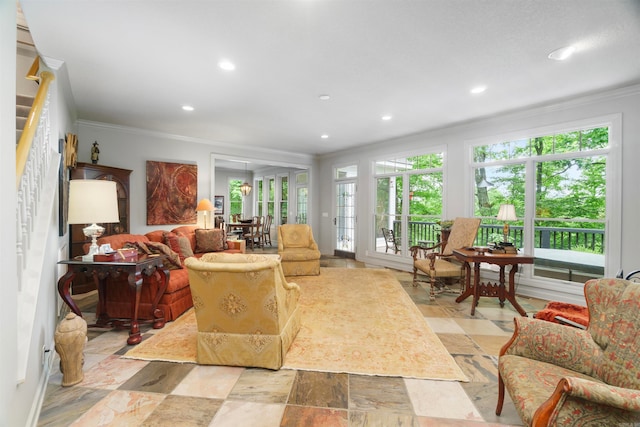 7 Galope Pl, Hot Springs Village, AR 71909 - living room with ornamental molding, stairway, and recessed lighting