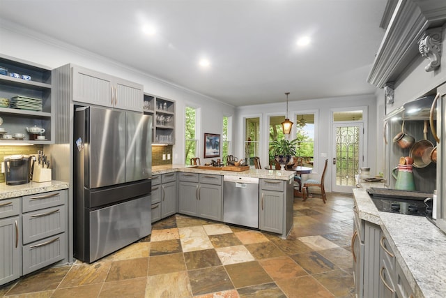 7 Galope Pl, Hot Springs Village, AR 71909 - kitchen with stainless steel appliances, gray cabinetry, open shelves, ornamental molding, and stone tile floors
