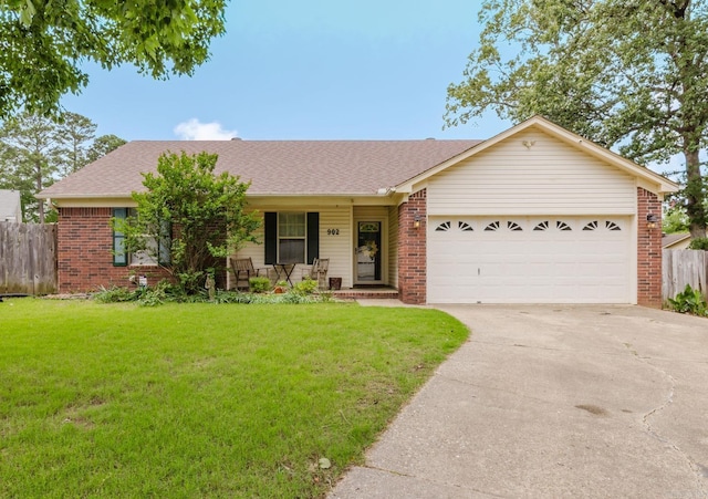 single story home featuring brick siding, a porch, concrete driveway, and a garage