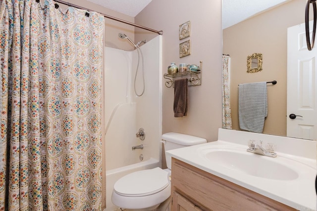 full bath featuring toilet, vanity, and shower / bathtub combination with curtain