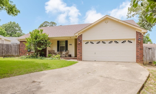 single story home featuring brick siding, covered porch, concrete driveway, and an attached garage