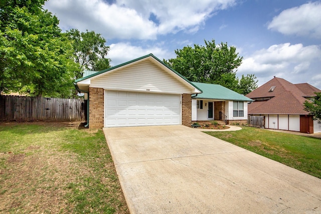 ranch-style house featuring driveway, brick siding, and a garage