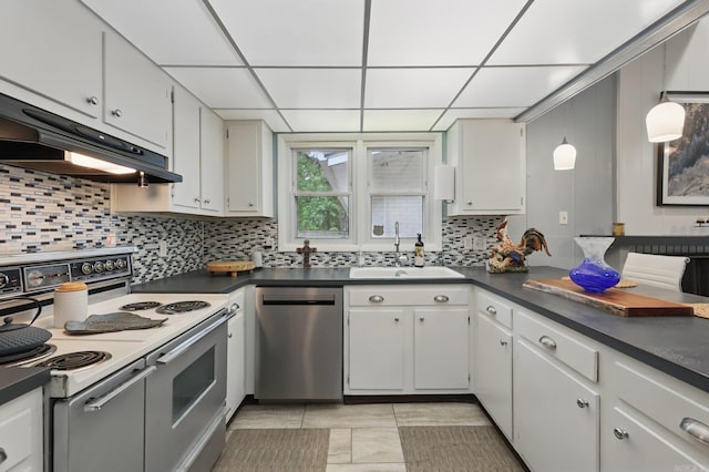 717 Choctaw Cir, Little Rock, AR 72205 - kitchen with white electric stove, dishwasher, a sink, under cabinet range hood, and dark countertops